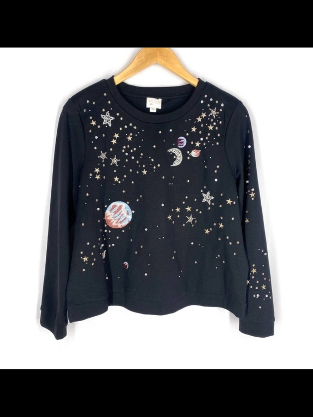 NEW Anthropologie Cosmic Galaxy Black Beaded Moon Space Star Sweatshirt Top - Picture 5 of 9